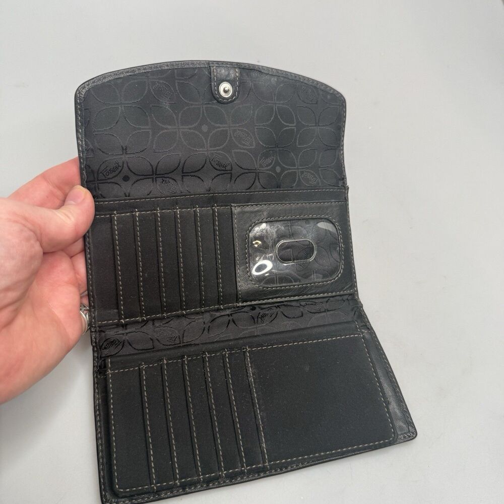 Fossil Black Leather Long Checkbook Card Holder Organizer Wallet Billfold - Picture 16 of 16